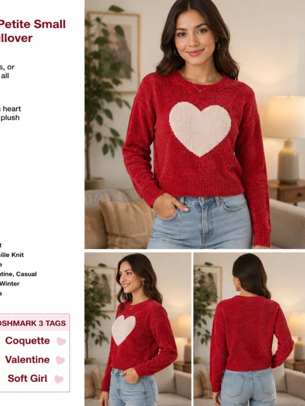 Chic Happens Women’s Small Pink Chenille Heart Sweater Soft Valentine Crewneck